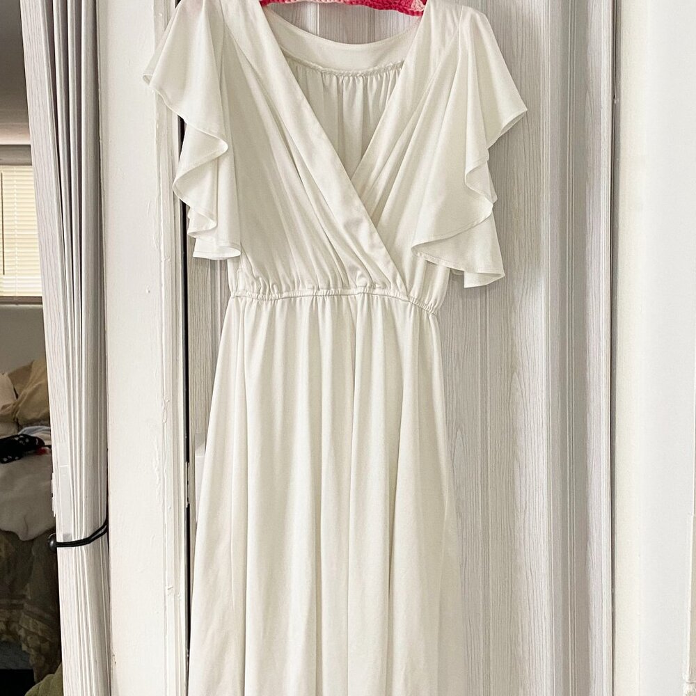 Vintage 90s Dress - Drapey, Stretchy White Short Sleeve Dress - Ladies XL Dress